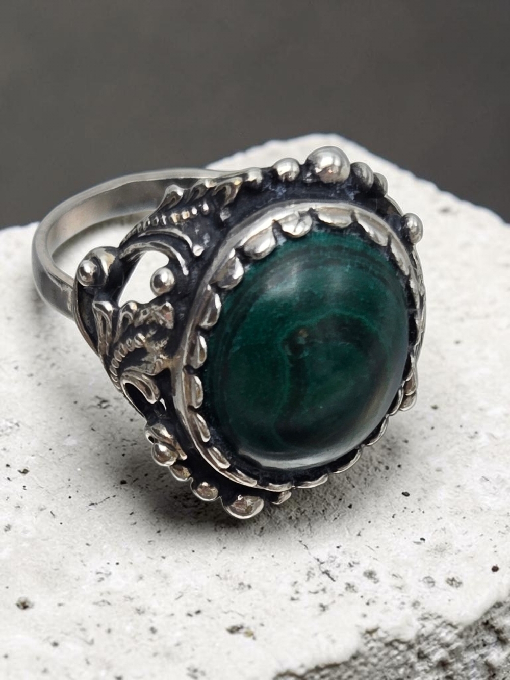 Vintage Malachite Look Ornate Bezel Set Victorian Revival Statement Ring Unisex